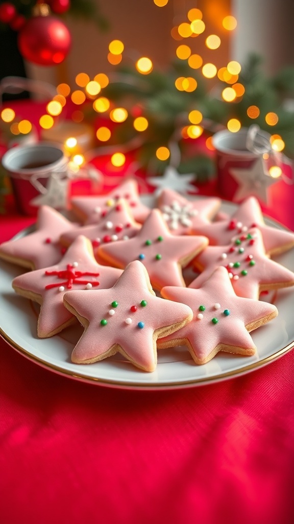 Pink Christmas Sugar Cookies Recipe Decorated pink Christmas sugar cookies on a festive plate with sprinkles and icing.